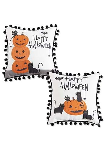 Two White Happy Halloween Pillows with Black Poms