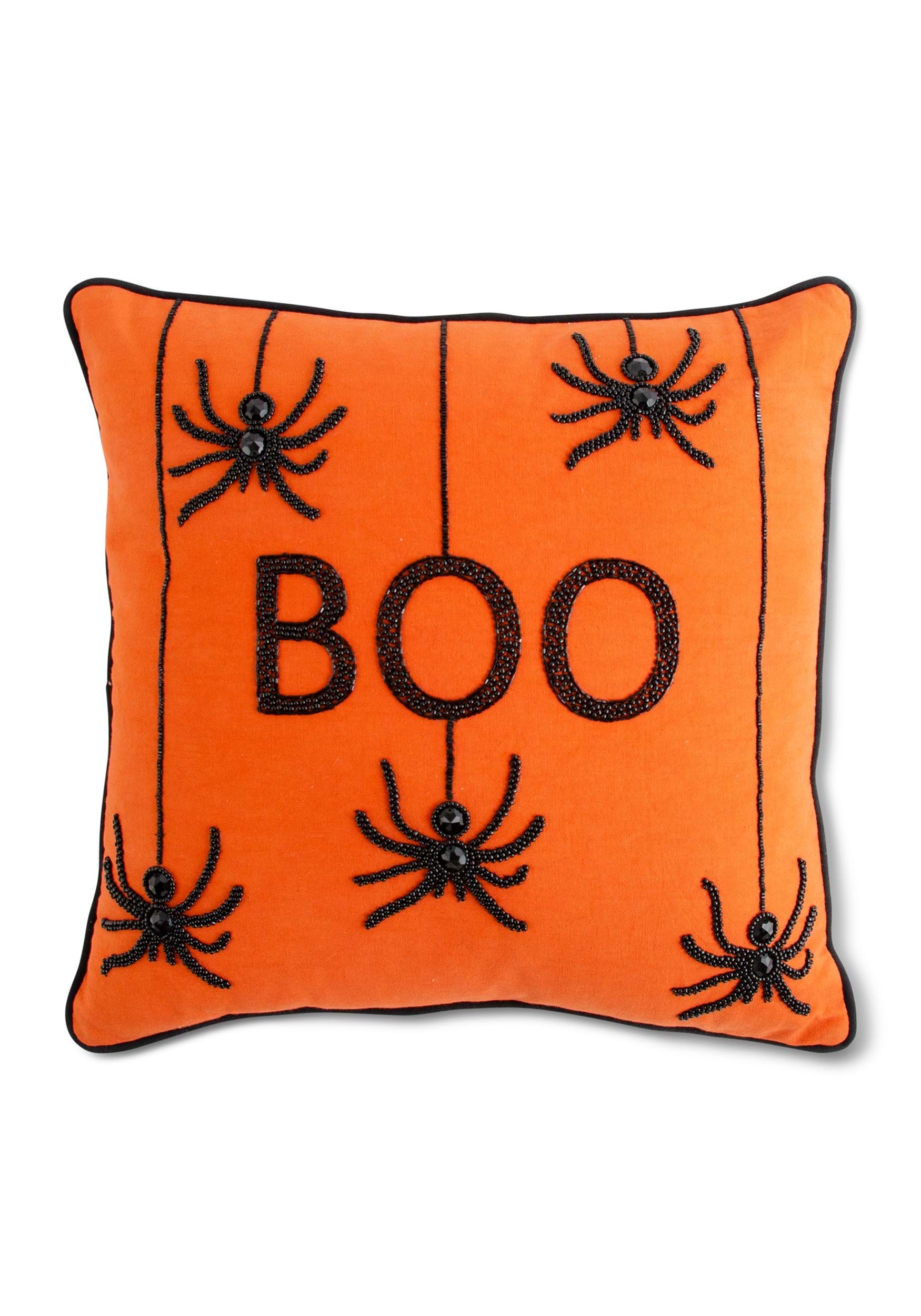 Eighteen Inch Orange Square Beaded BOO Pillow With Spiders