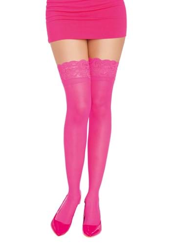 Womens Neon Pink Anti-Slip Thigh High with Lace Top