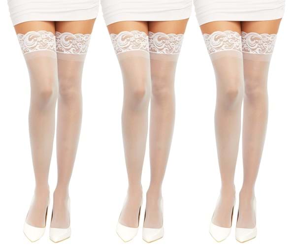 3 Pack Women's White Sheer Thigh High with Lace Top and Sil
