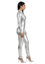 Womens Silver Lame Metallic Zip Front Bodysuit Alt 3